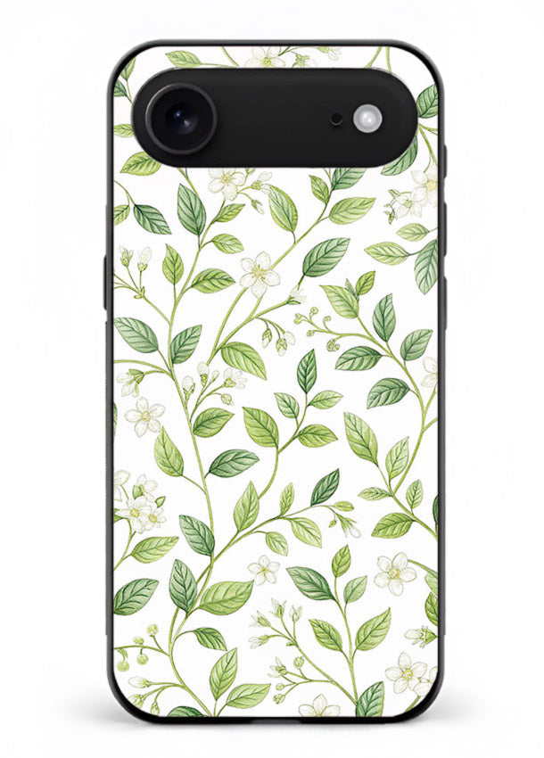 Green leaf wallpaper artwork on iphone 17 air glass back cover with minimal botanical tones.