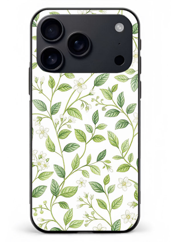 Green leaf wallpaper artwork on iphone 17 pro max glass back cover with minimal botanical tones.