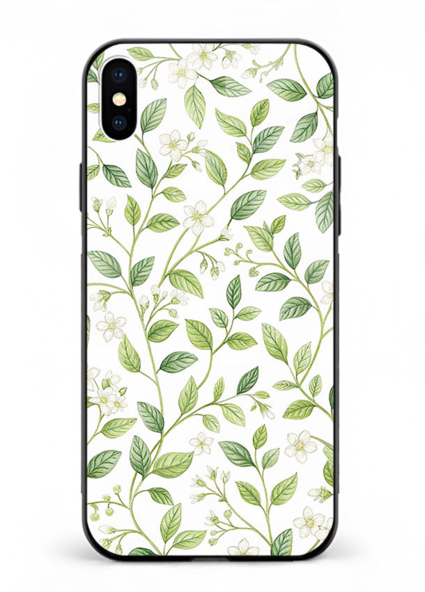 Green leaf wallpaper artwork on iphone xs max glass back cover with minimal botanical tones.