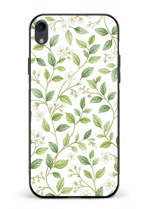 Green leaf wallpaper artwork on iphone xr glass back cover with minimal botanical tones.