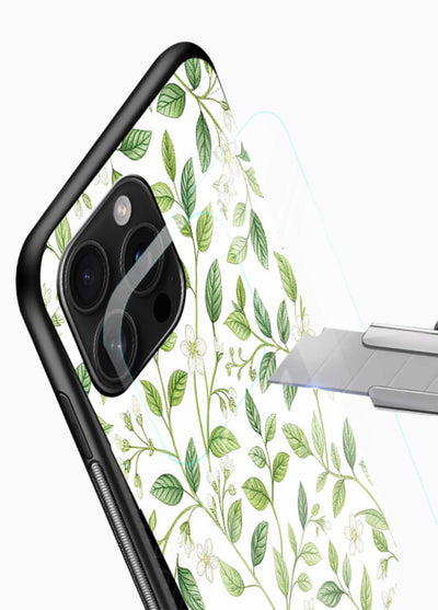 Green leaf wallpaper artwork on glossy vibrant premium glass back cover with minimal botanical tones. - Angle Blade