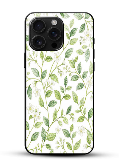 Green leaf wallpaper artwork on glossy vibrant premium glass back cover with minimal botanical tones. - Angle Front