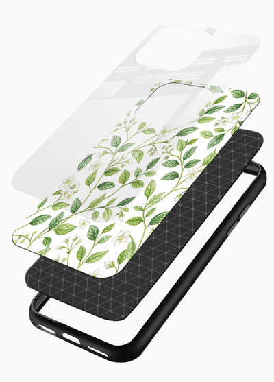 Green leaf wallpaper artwork on glossy vibrant premium glass back cover with minimal botanical tones. - Angle Layers