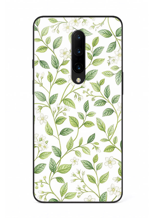 Green leaf wallpaper artwork on OnePlus 7T Pro glass back cover with minimal botanical tones.