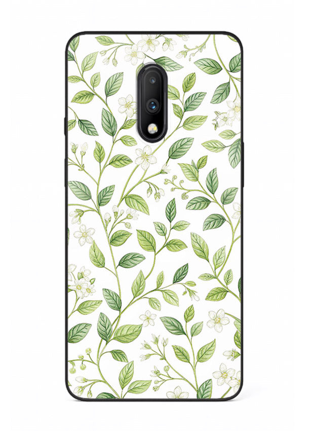 Green leaf wallpaper artwork on OnePlus 7 glass back cover with minimal botanical tones.
