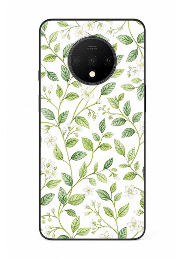 Green leaf wallpaper artwork on OnePlus 7T glass back cover with minimal botanical tones.