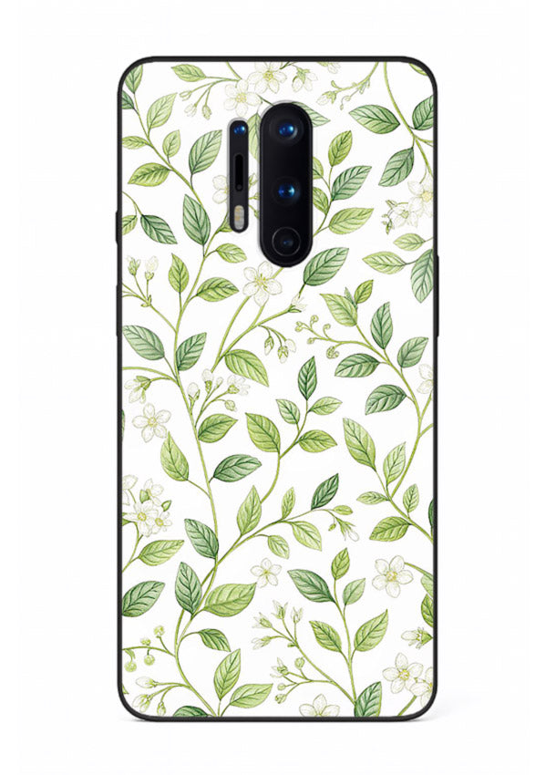 Green leaf wallpaper artwork on OnePlus 8 Pro glass back cover with minimal botanical tones.
