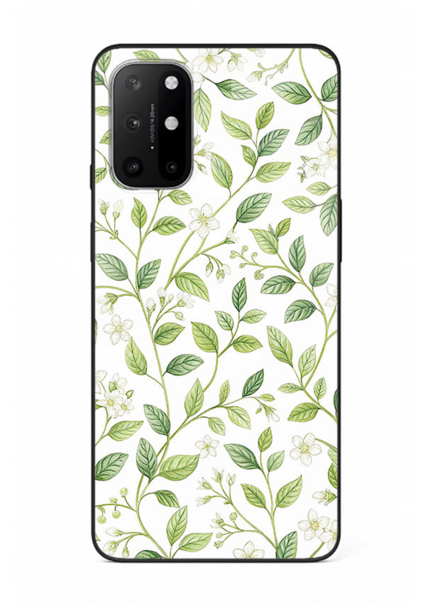 Green leaf wallpaper artwork on OnePlus 8T glass back cover with minimal botanical tones.