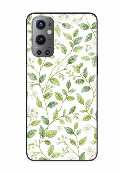 Green leaf wallpaper artwork on OnePlus 9 glass back cover with minimal botanical tones.