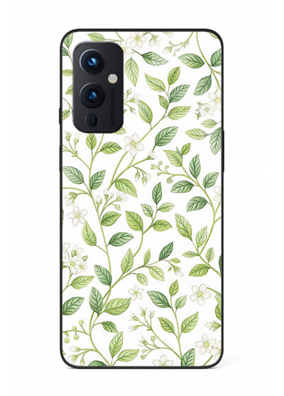 Green leaf wallpaper artwork on OnePlus 9 Pro glass back cover with minimal botanical tones.