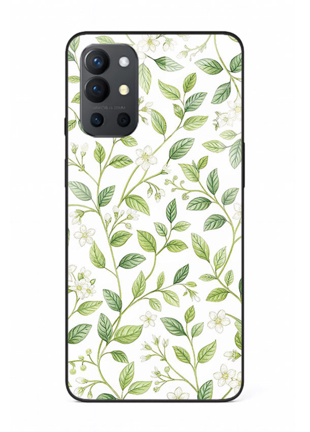 Green leaf wallpaper artwork on OnePlus 9R glass back cover with minimal botanical tones.