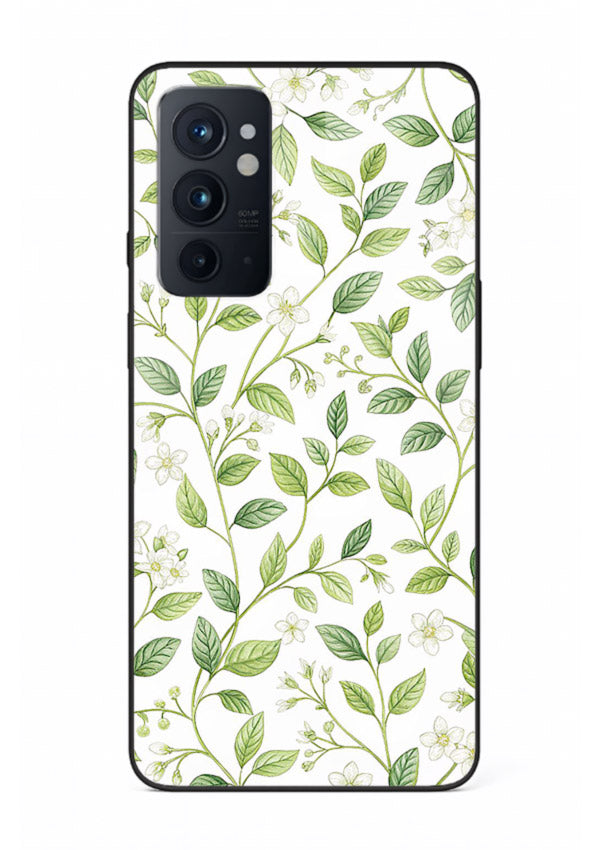 Green leaf wallpaper artwork on OnePlus 9RT glass back cover with minimal botanical tones.
