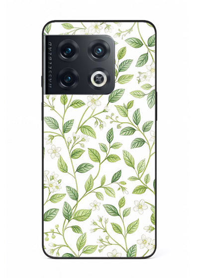 Green leaf wallpaper artwork on OnePlus 10 Pro glass back cover with minimal botanical tones.