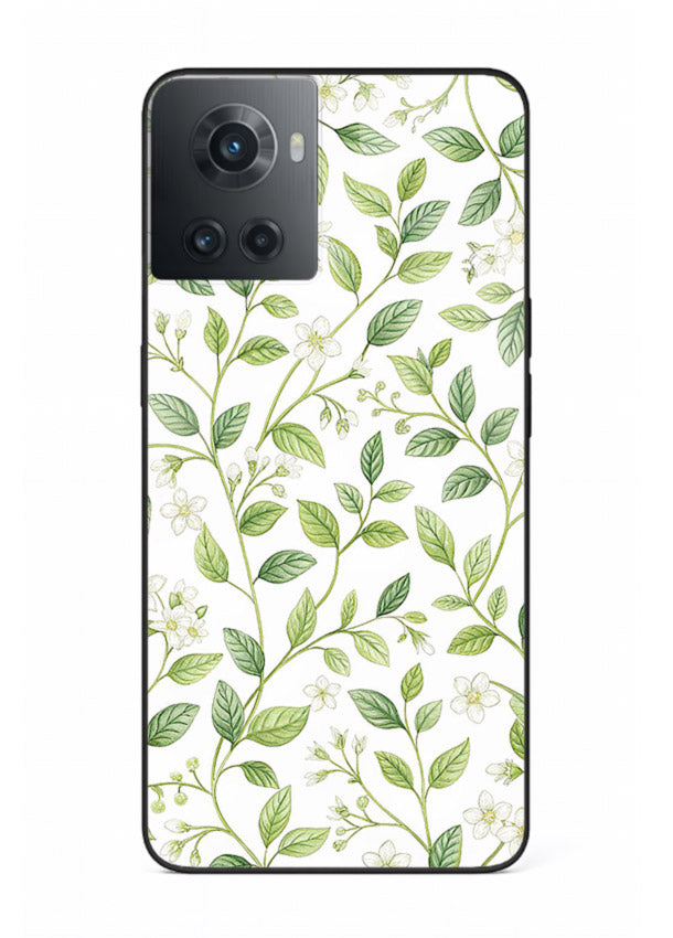 Green leaf wallpaper artwork on OnePlus 10R glass back cover with minimal botanical tones.