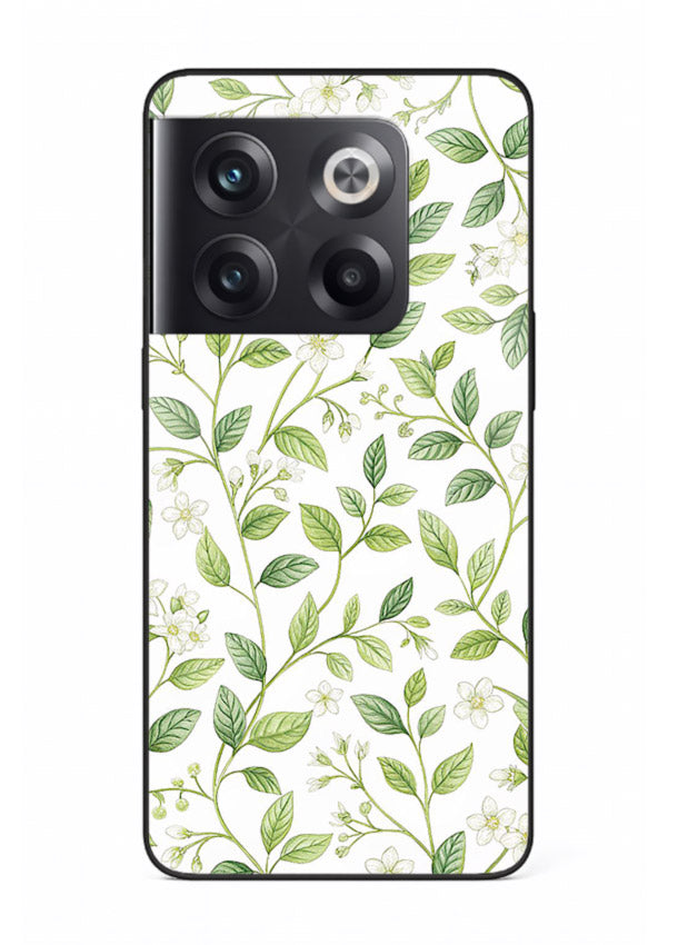 Green leaf wallpaper artwork on OnePlus 10T glass back cover with minimal botanical tones.
