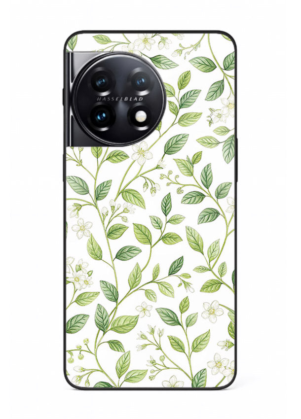 Green leaf wallpaper artwork on OnePlus 11R glass back cover with minimal botanical tones.