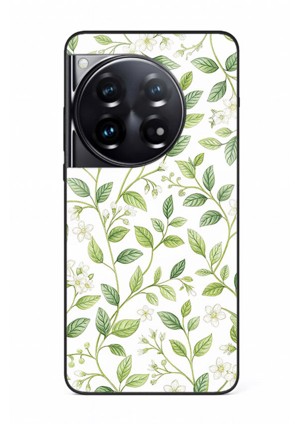 Green leaf wallpaper artwork on OnePlus 12 glass back cover with minimal botanical tones.