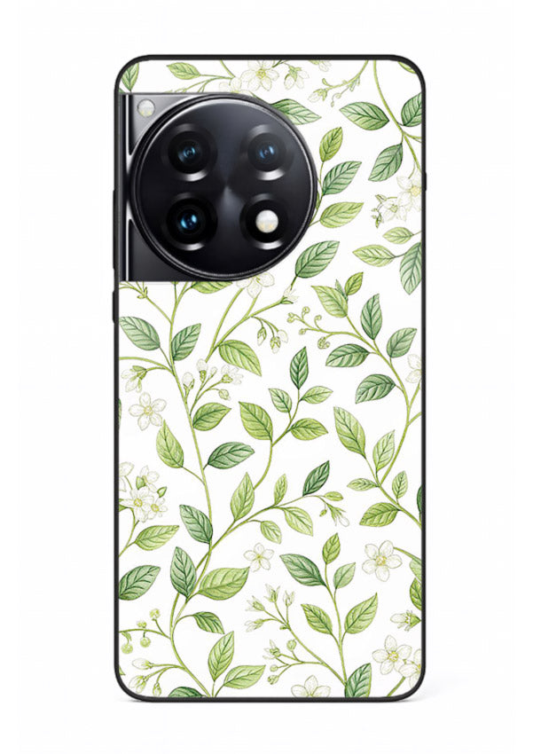 Green leaf wallpaper artwork on OnePlus 12R glass back cover with minimal botanical tones.