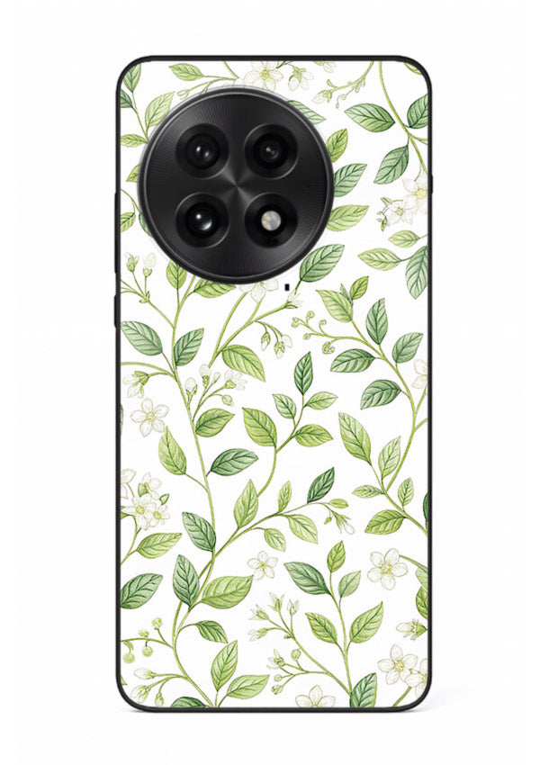 Green leaf wallpaper artwork on OnePlus 13 glass back cover with minimal botanical tones.