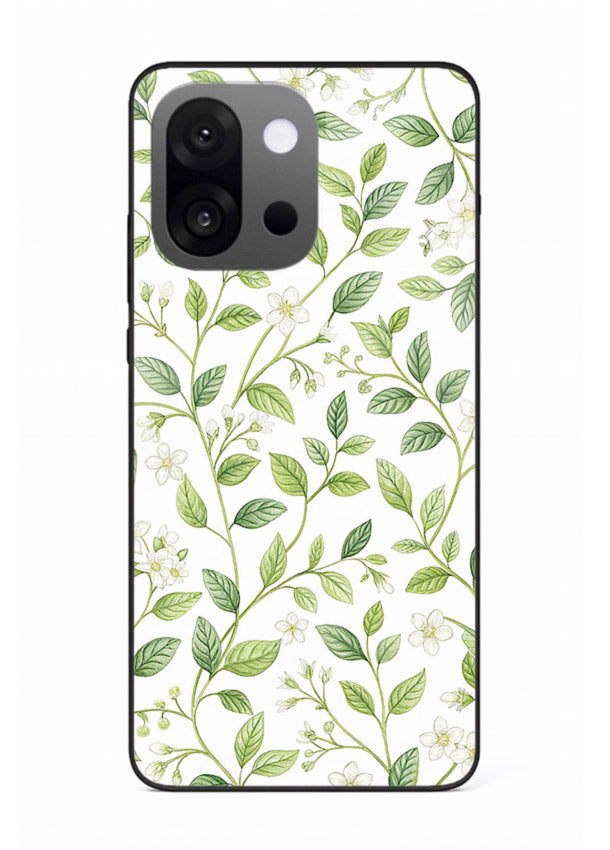 Green leaf wallpaper artwork on OnePlus 13s glass back cover with minimal botanical tones.