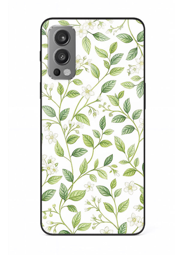 Green leaf wallpaper artwork on OnePlus Nord 2 glass back cover with minimal botanical tones.