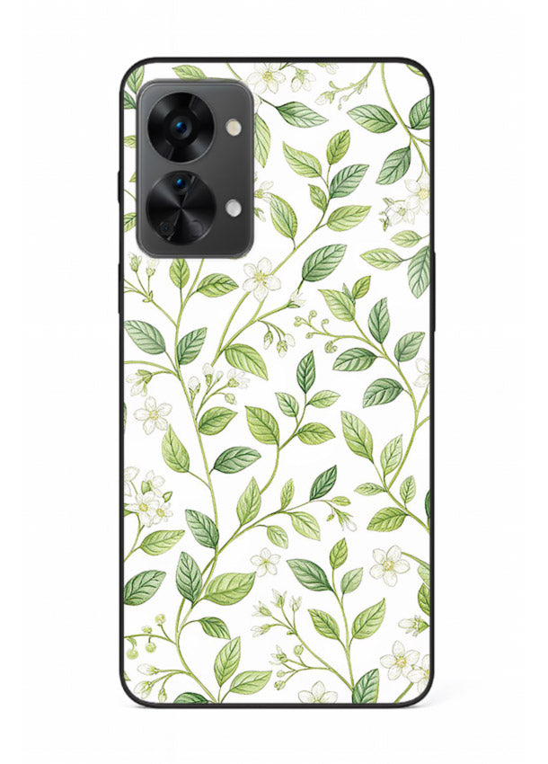 Green leaf wallpaper artwork on OnePlus Nord 2T glass back cover with minimal botanical tones.
