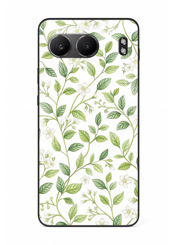 Green leaf wallpaper artwork on OnePlus Nord 4 glass back cover with minimal botanical tones.