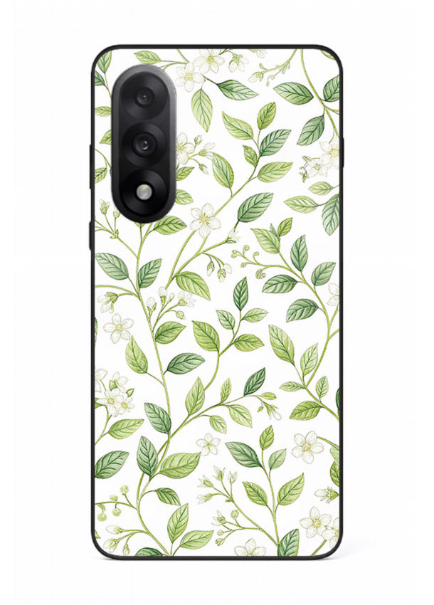 Green leaf wallpaper artwork on OnePlus Nord 5 glass back cover with minimal botanical tones.