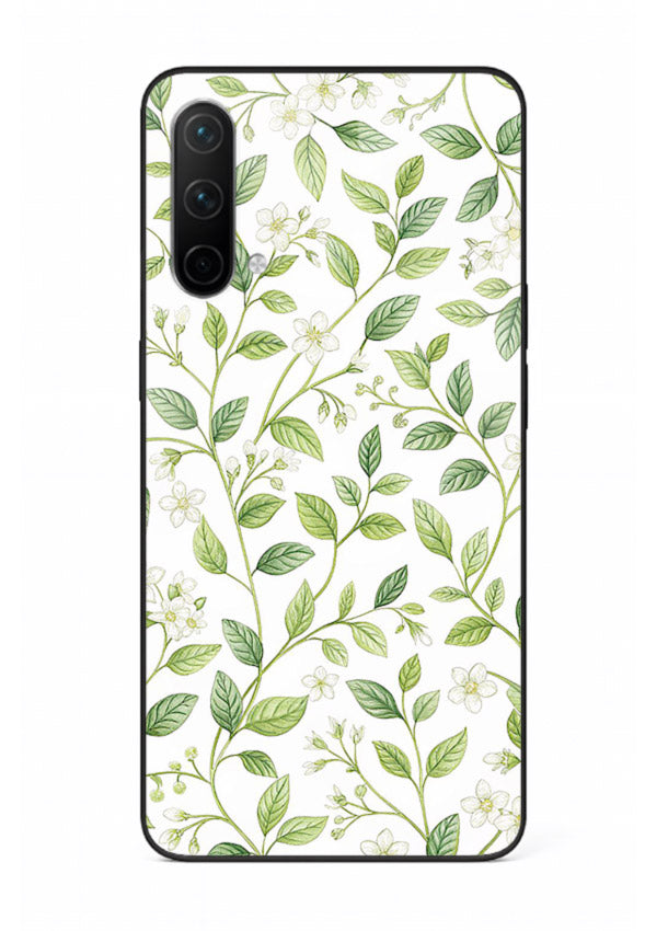 Green leaf wallpaper artwork on OnePlus Nord CE 5G glass back cover with minimal botanical tones.