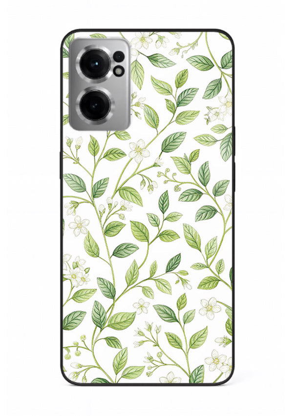 Green leaf wallpaper artwork on OnePlus Nord CE2 5G glass back cover with minimal botanical tones.