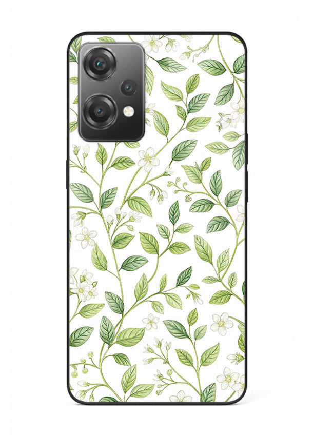 Green leaf wallpaper artwork on OnePlus Nord CE2 Lite 5G glass back cover with minimal botanical tones.