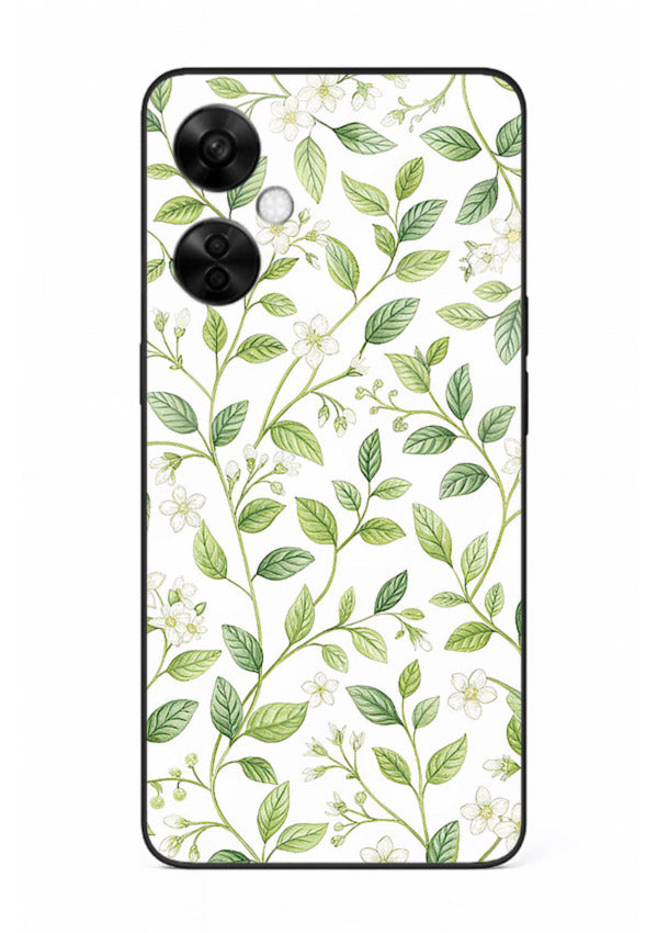 Green leaf wallpaper artwork on OnePlus Nord CE3 Lite glass back cover with minimal botanical tones.