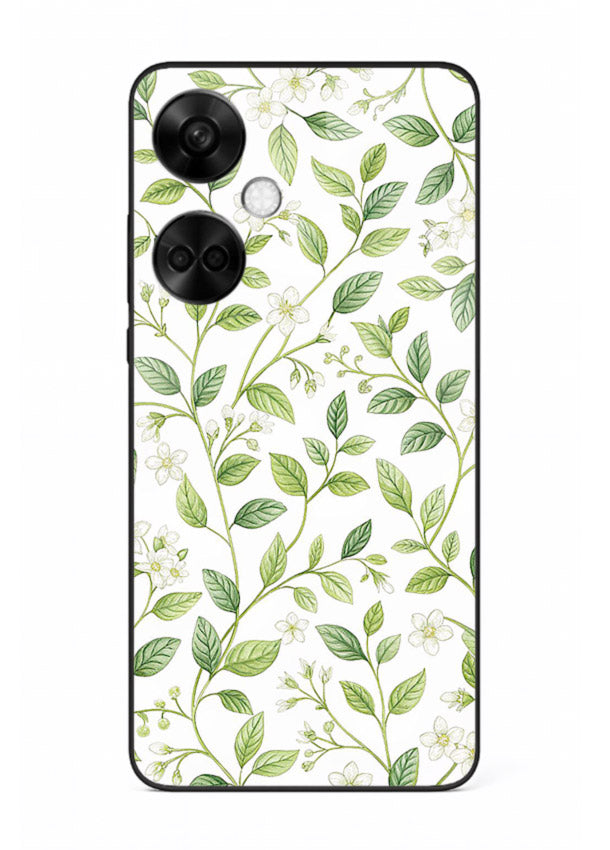 Green leaf wallpaper artwork on OnePlus Nord CE3 glass back cover with minimal botanical tones.