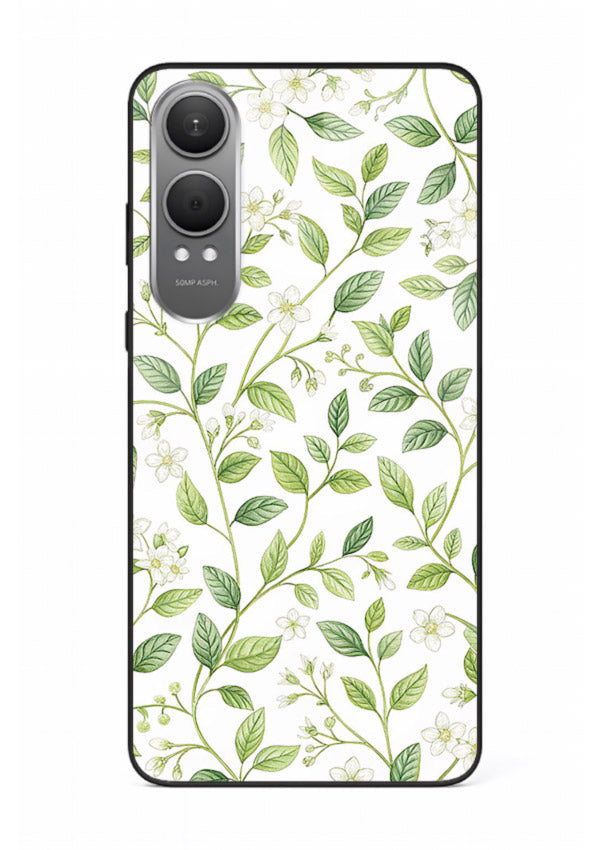 Green leaf wallpaper artwork on OnePlus Nord CE4 Lite glass back cover with minimal botanical tones.