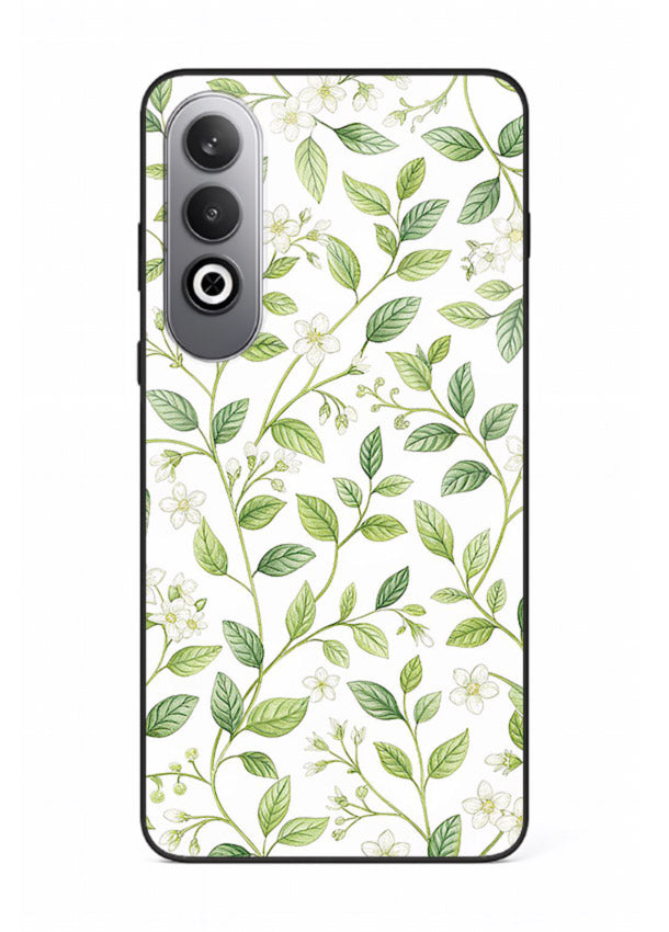 Green leaf wallpaper artwork on OnePlus Nord CE4 glass back cover with minimal botanical tones.