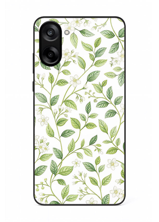 Green leaf wallpaper artwork on OnePlus Nord CE5 glass back cover with minimal botanical tones.