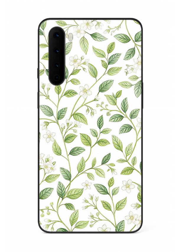 Green leaf wallpaper artwork on OnePlus Nord glass back cover with minimal botanical tones.