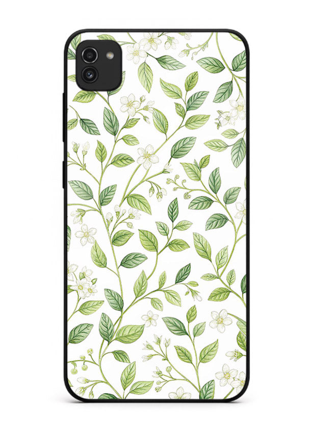 Green leaf wallpaper artwork on Samsung A03 glass back cover with minimal botanical tones.