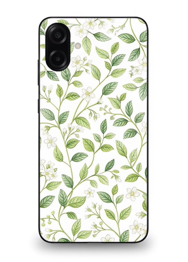 Green leaf wallpaper artwork on Samsung A06 5G glass back cover with minimal botanical tones.