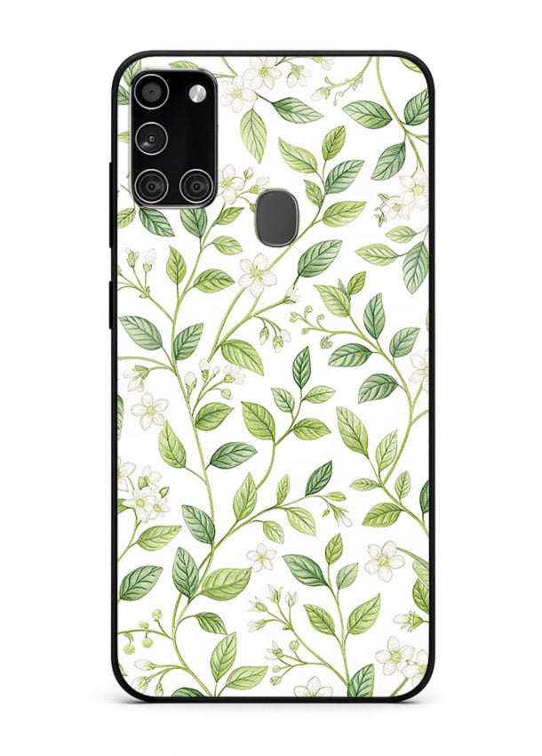 Green leaf wallpaper artwork on Samsung A21s glass back cover with minimal botanical tones.