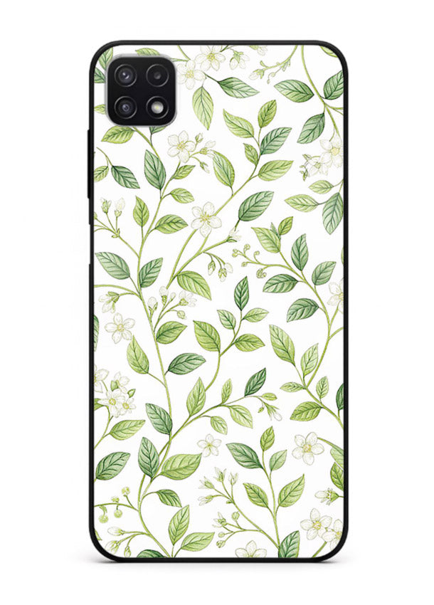 Green leaf wallpaper artwork on Samsung F42 5G glass back cover with minimal botanical tones.