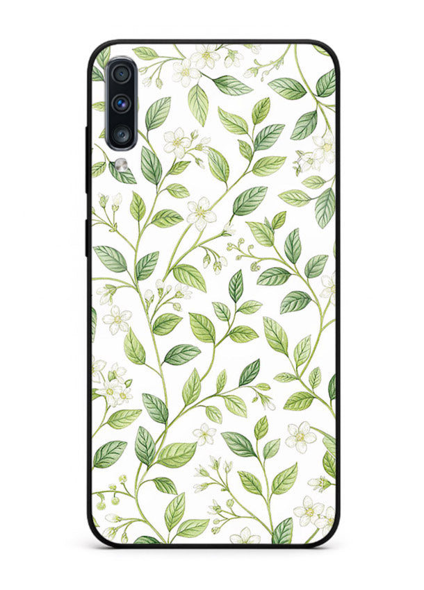 Green leaf wallpaper artwork on Samsung A70 glass back cover with minimal botanical tones.