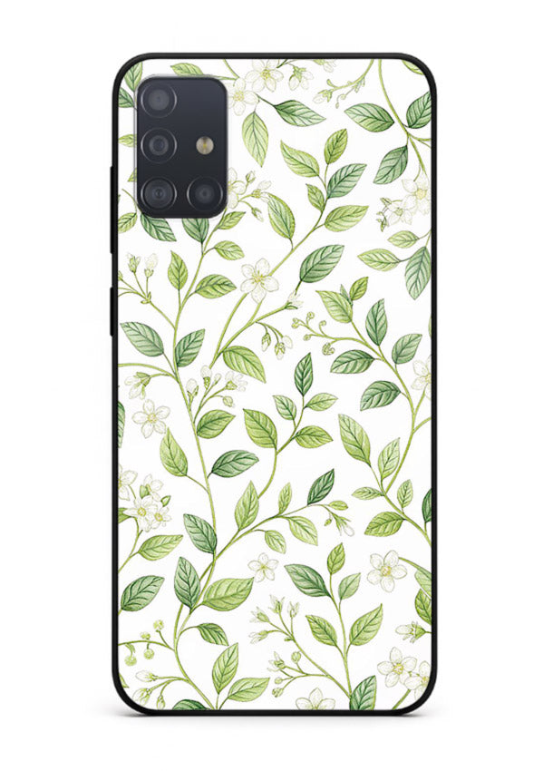 Green leaf wallpaper artwork on Samsung A71 glass back cover with minimal botanical tones.