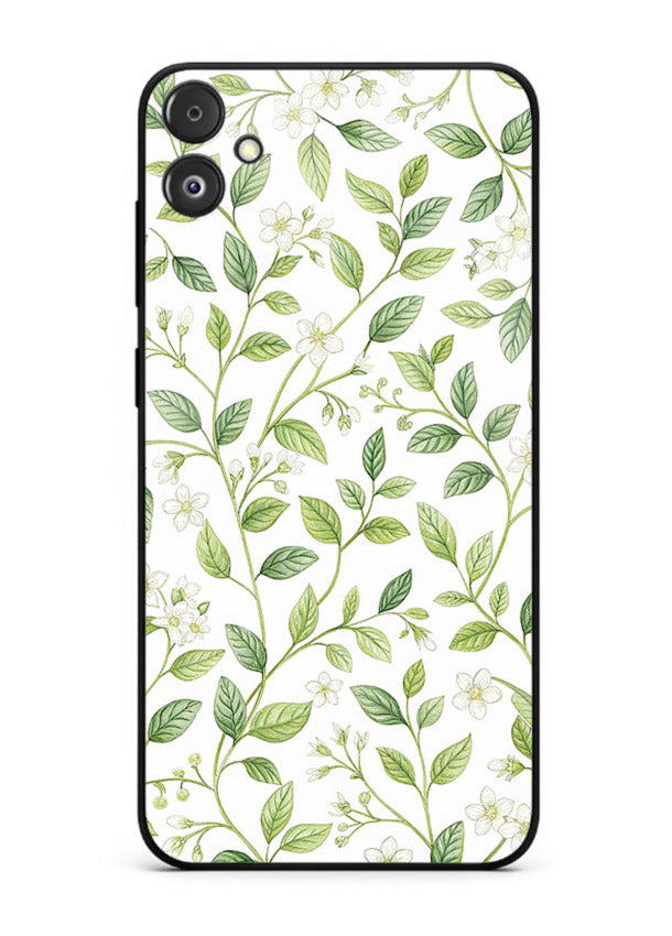 Green leaf wallpaper artwork on Samsung F05 5G glass back cover with minimal botanical tones.