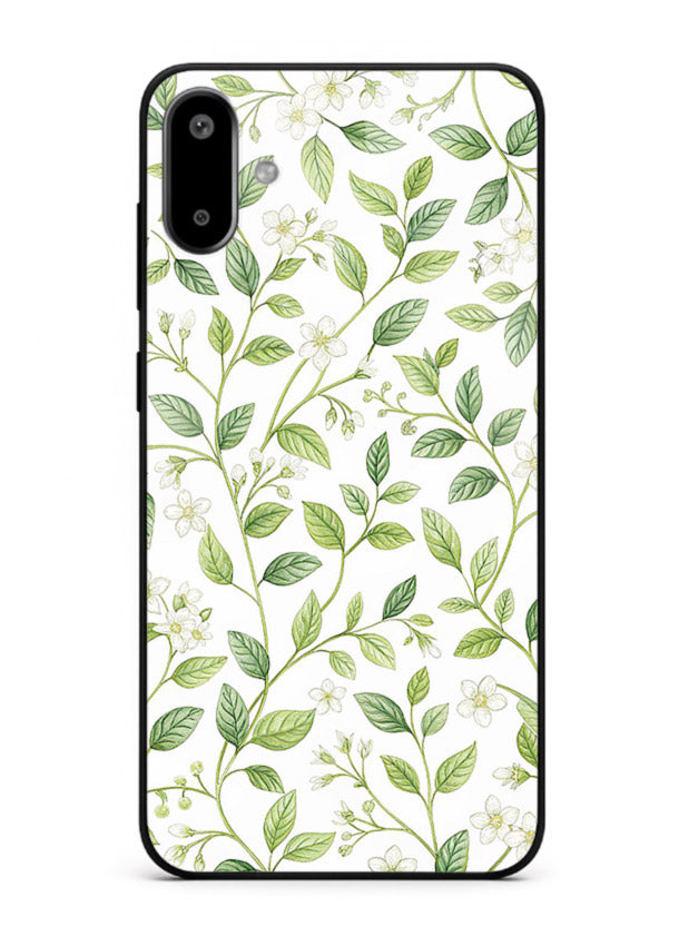 Green leaf wallpaper artwork on Samsung F06 5G glass back cover with minimal botanical tones.