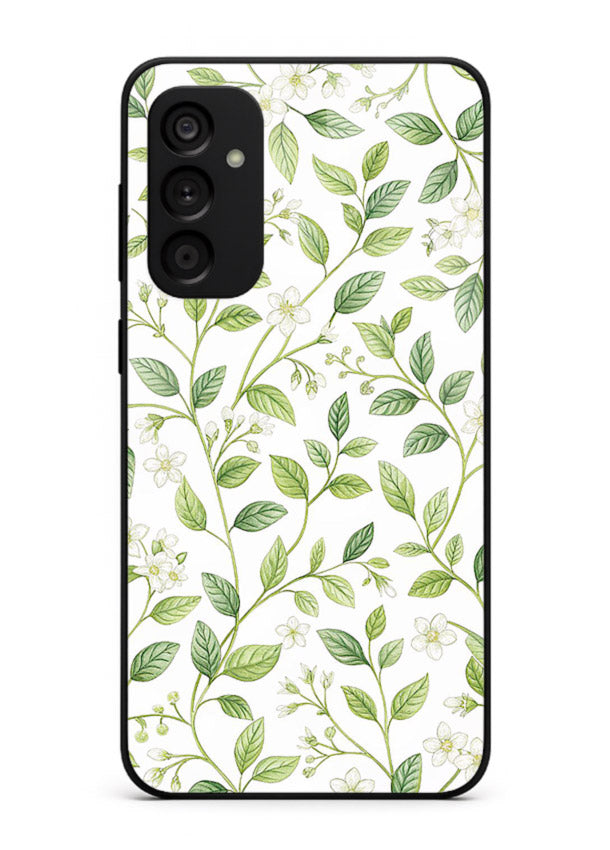 Green leaf wallpaper artwork on Samsung A34 5G glass back cover with minimal botanical tones.