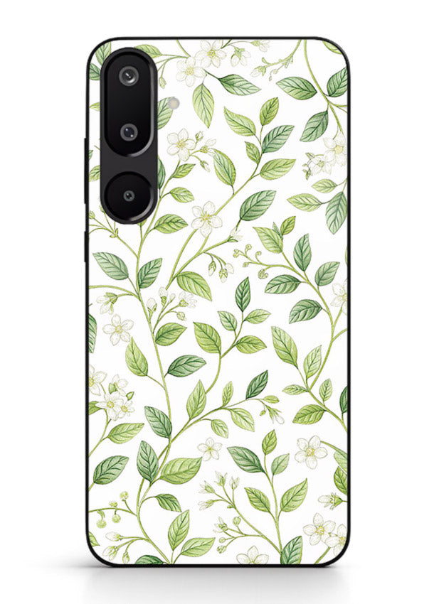 Green leaf wallpaper artwork on Samsung F16 5G glass back cover with minimal botanical tones.