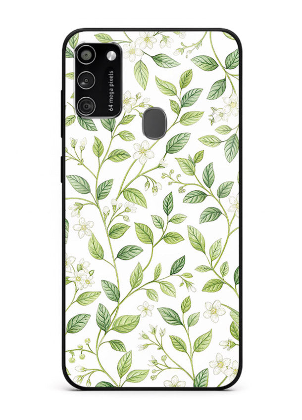 Green leaf wallpaper artwork on Samsung M21 glass back cover with minimal botanical tones.