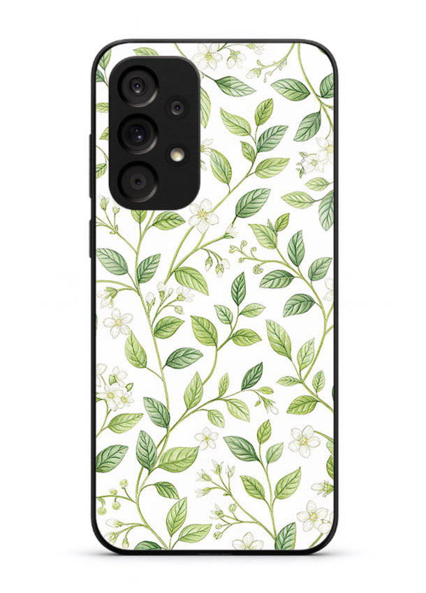 Green leaf wallpaper artwork on Samsung M32 5G glass back cover with minimal botanical tones.