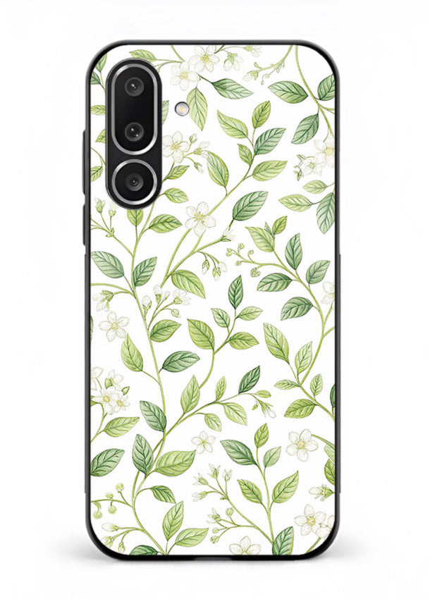 Green leaf wallpaper artwork on Samsung M56 5G glass back cover with minimal botanical tones.